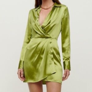 Reformation Olive Green Satin Wrap Mini Dress